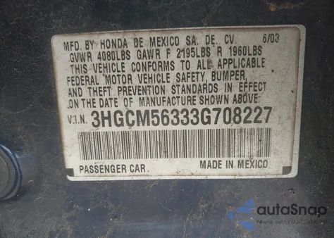 2003 Honda Accord 2.4 Lx из США, поврежденный, VIN 3HGCM56333G708227